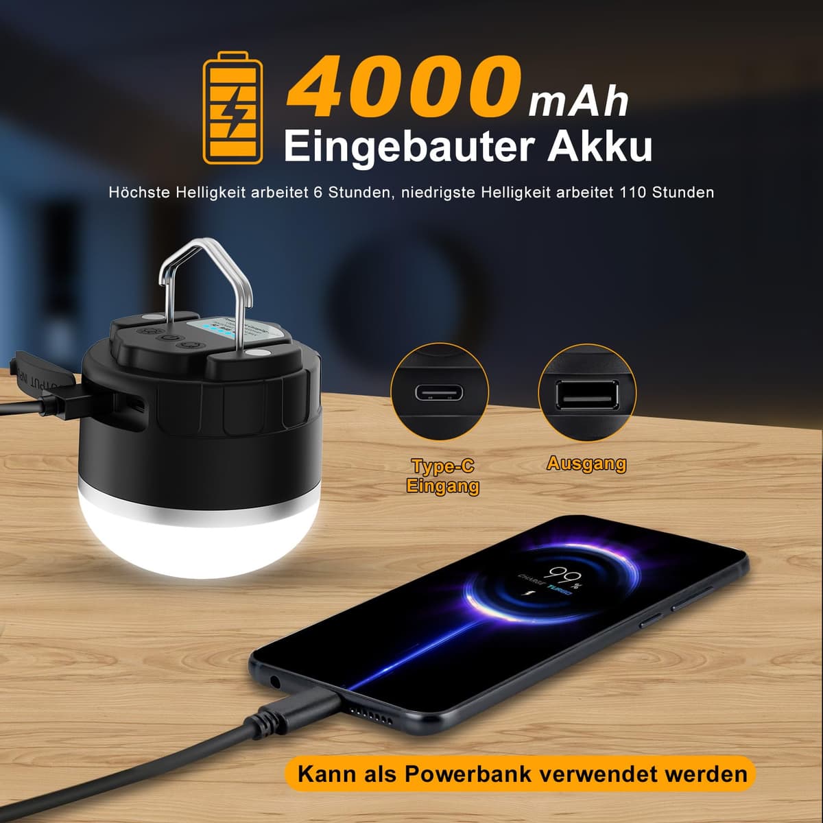 Lampă camping LED TSOCOS reîncărcabilă 4000mAh portabilă 4 moduri verde outdoor