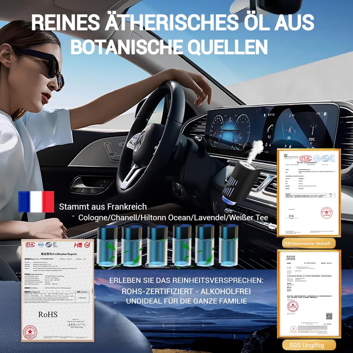 Odorizant auto electric Towonshy 6 bucăți, atomizor ultrasonic, 3 moduri inteligente, pornire/oprire automată, baterie încorporată, parfum natural francez, 12 luni prospețime