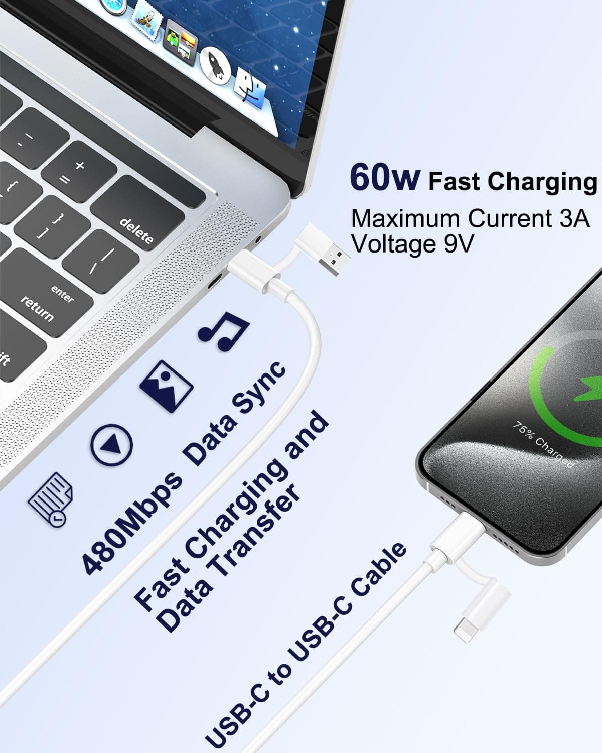 Cablu multi-încărcare CHLANT 4în1 60W rapid USB-C la USB-C adaptor Lightning universal