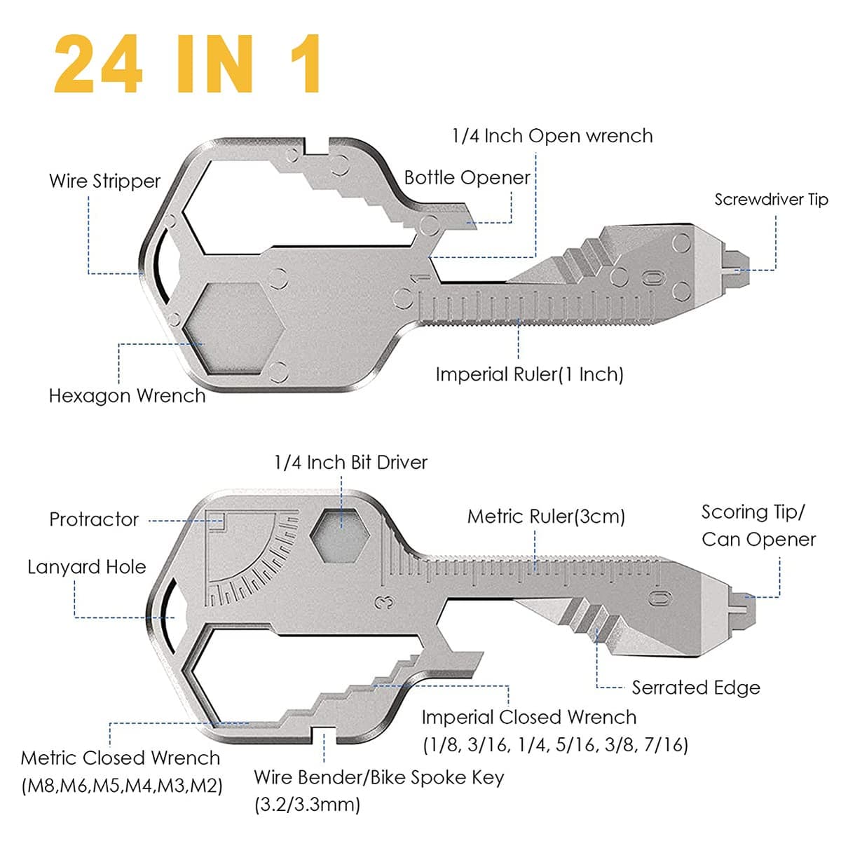Unealtă multifuncțională Shao hua 24-in-1 inox formă cheie, portabil buzunar, instrument supraviețuire urgență, desfăcător sticle, argintiu