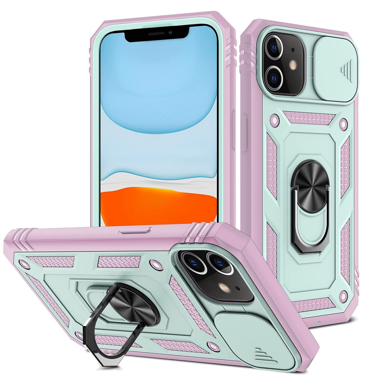 Husă Whyzshiyi iPhone 12 neagră cameră glisantă militar anti-șoc stand