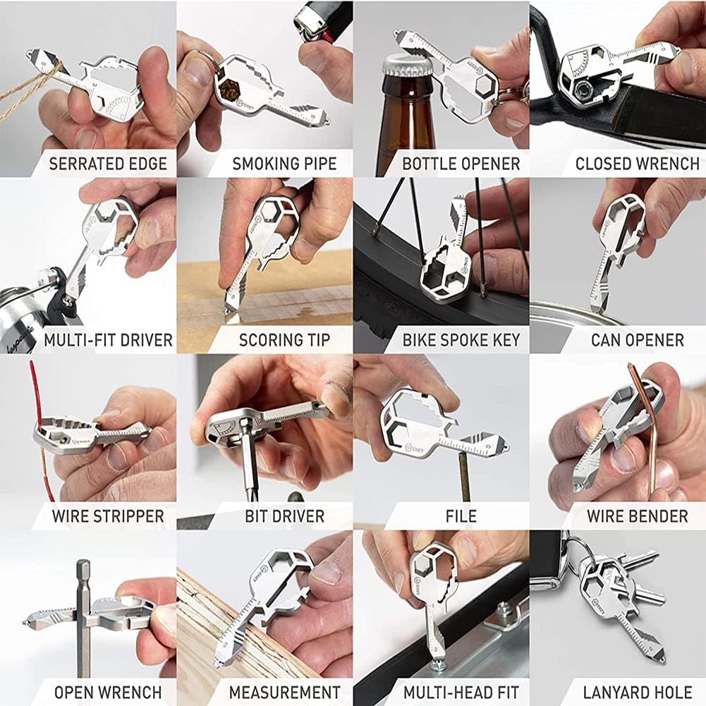 Unealtă multifuncțională Shao hua 24-in-1 inox formă cheie, portabil buzunar, instrument supraviețuire urgență, desfăcător sticle, argintiu