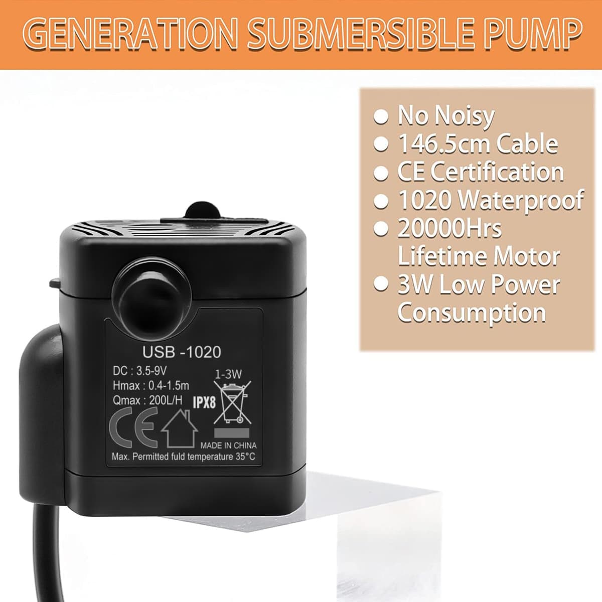 Mini-pompă de apă RUIZHI USB, 1-3W, 200 l/h, pompă submersibilă pentru fântână pisici, acvariu, iaz, plante