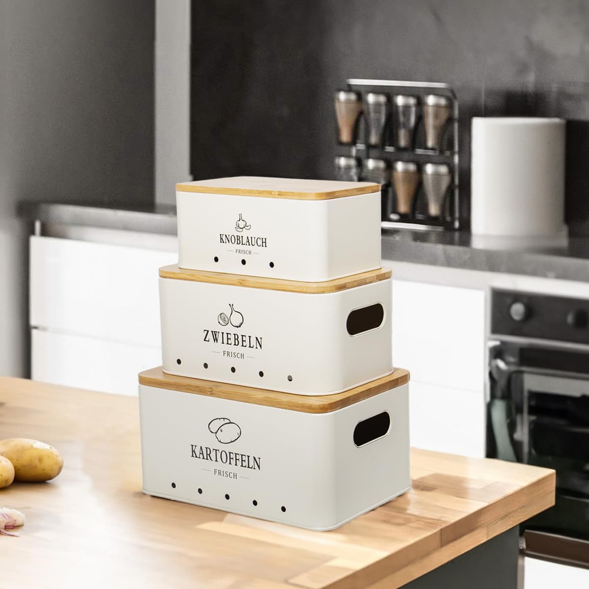 Set depozitare legume Theo&Cleo 3 piese, cutii bucătărie pentru cartofi, ceapă, usturoi, păstrare prospețime îndelungată, bej mat