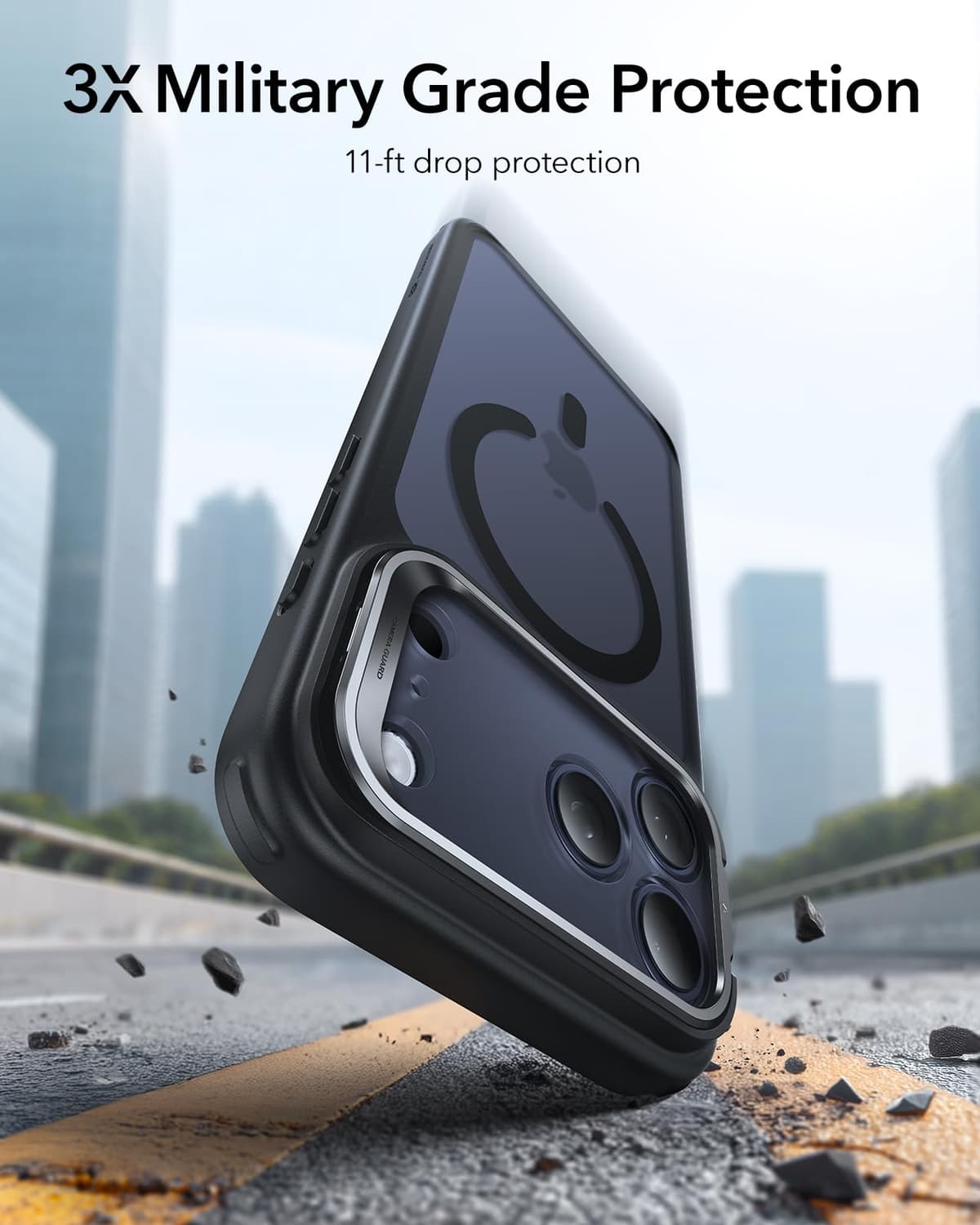 Husă ESR iPhone 17 Pro Max calitate militară MagSafe, cu suport integrat ascuns, spate anti-zgâriere, negru mat