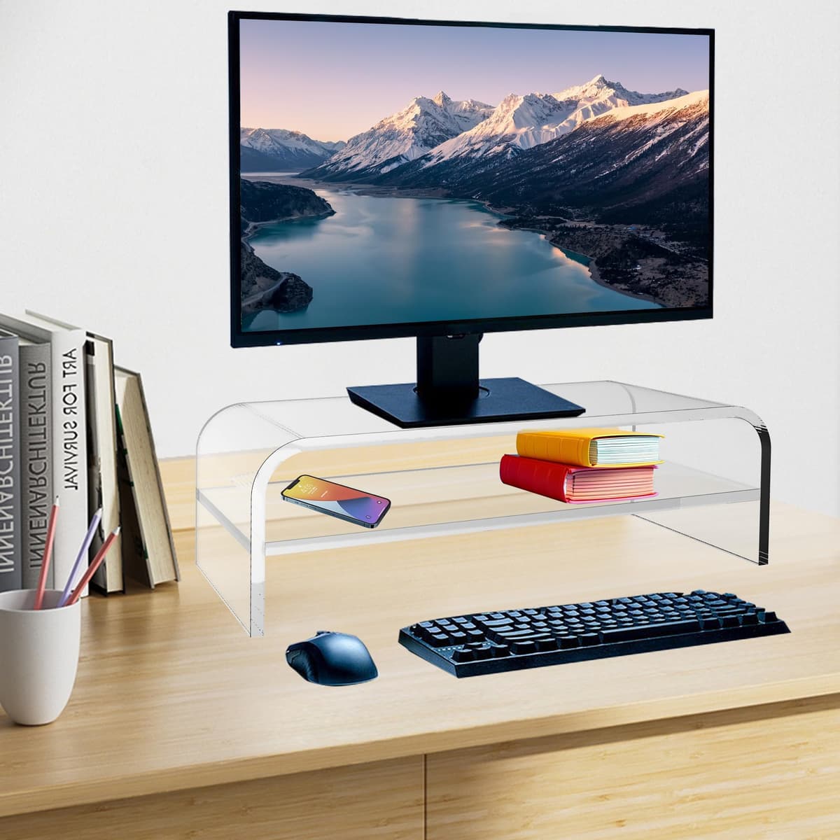Suport monitor acrilic guofa 2 niveluri, stand ergonomic pentru laptop, ecran, calculator, PC (39 x 20 x 12.6 cm)
