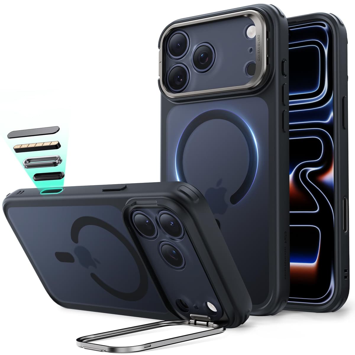 Husă ESR iPhone 17 Pro Max calitate militară MagSafe, cu suport integrat ascuns, spate anti-zgâriere, negru mat