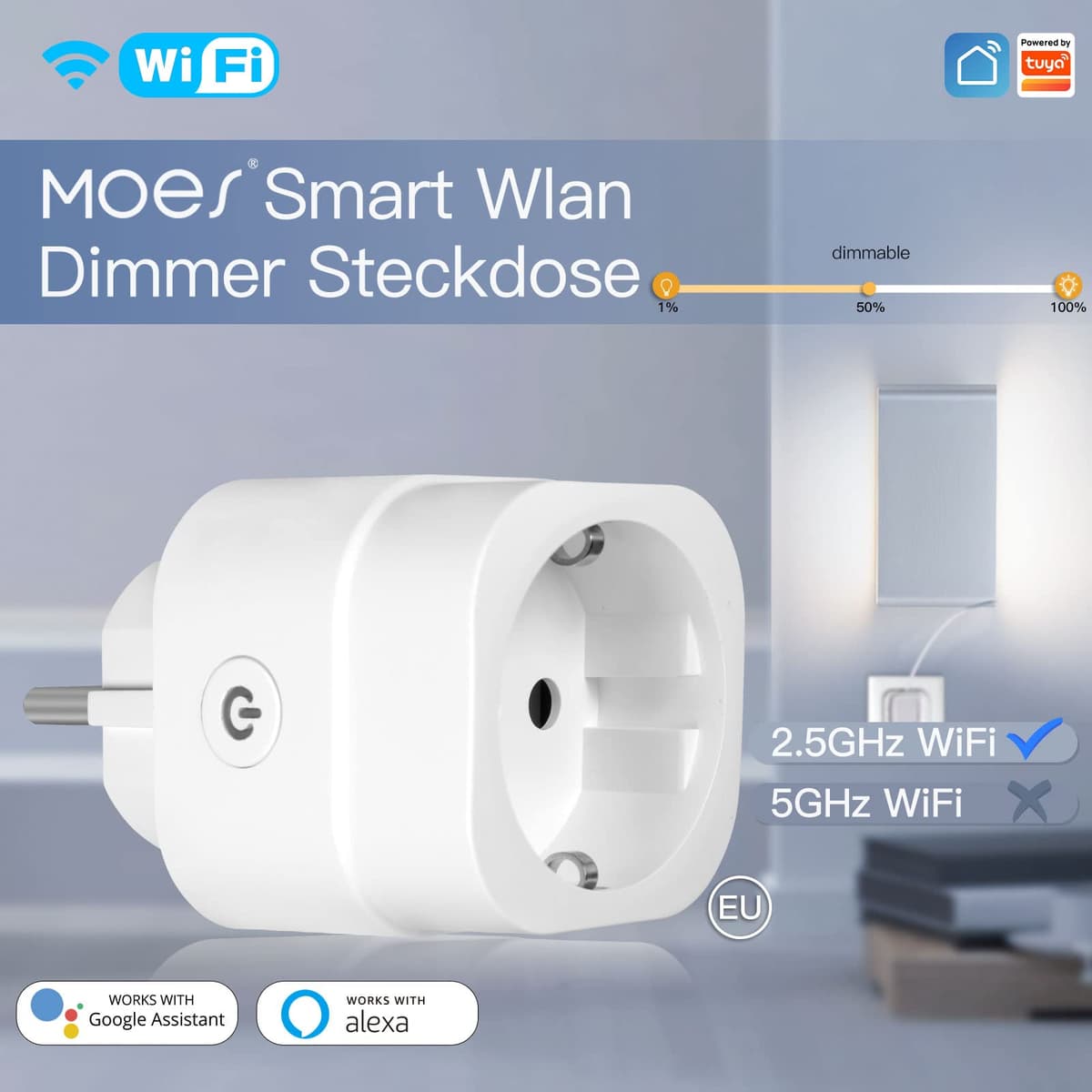Priză inteligentă cu dimmer MOES, 2.4GHz WiFi pentru LED-uri dimabile, halogene și becuri cu incandescență, control vocal Alexa & Google Home