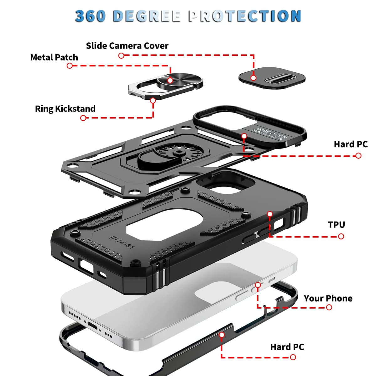 Husă Whyzshiyi iPhone 14 neagră cameră glisantă militar anti-șoc stand