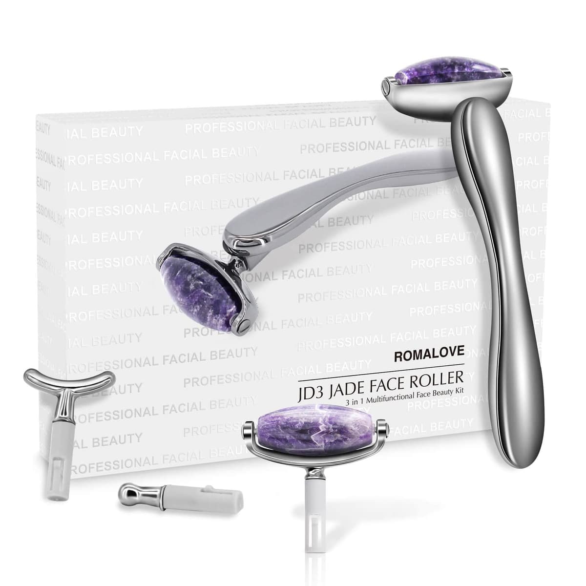 Roller facial jade ROMALOVE masaj ochi anti-îmbătrânire violet argintiu instrument frumusețe