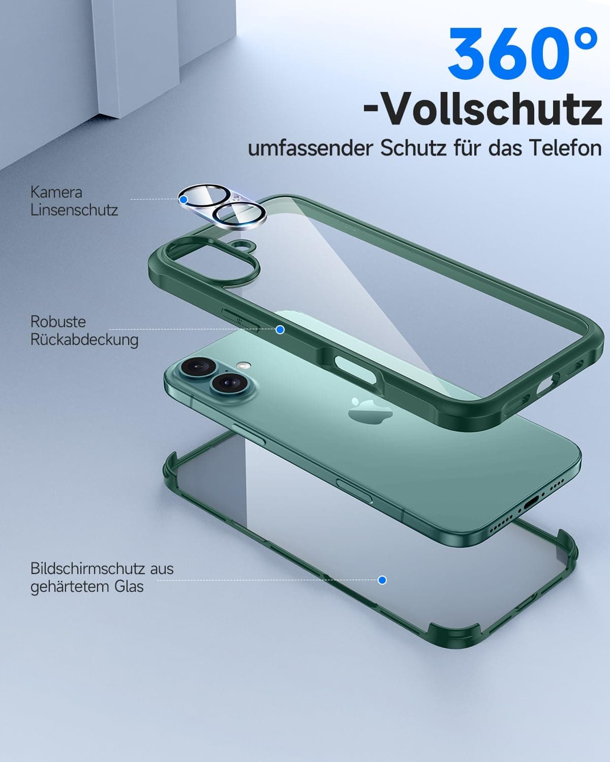 Husă seacosmo iPhone 16 verde protector sticlă securizată anti-șoc integrat