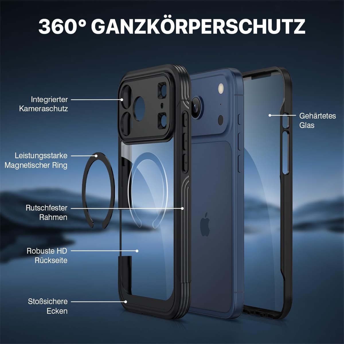 Husă CENHUFO iPhone 17 Pro MagSafe protector sticlă 9H securizată neagră completă
