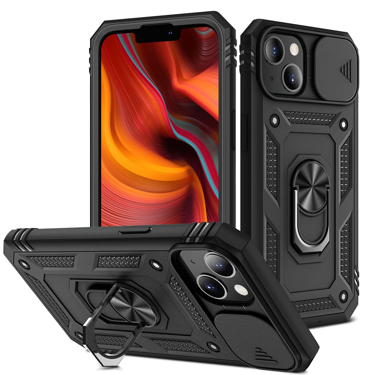 Husă Whyzshiyi iPhone 14 neagră cameră glisantă militar anti-șoc stand