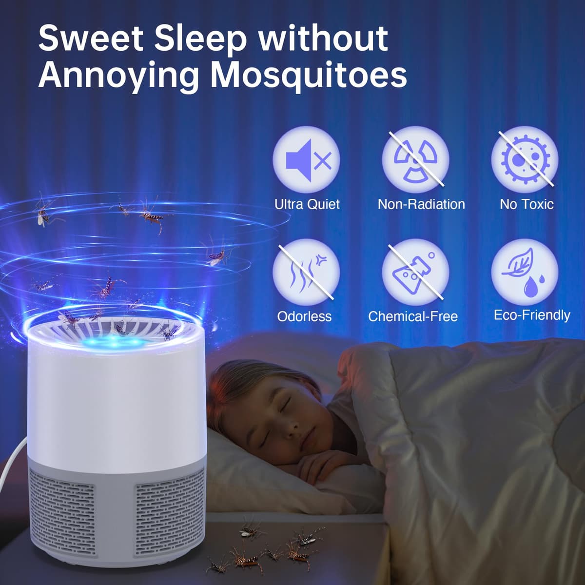 Capcană insecte electrică Bubbacare UV, lampă anti-țânțari, capcană muște interior USB portabil pentru dormitor, living, birou, bucătărie, camping