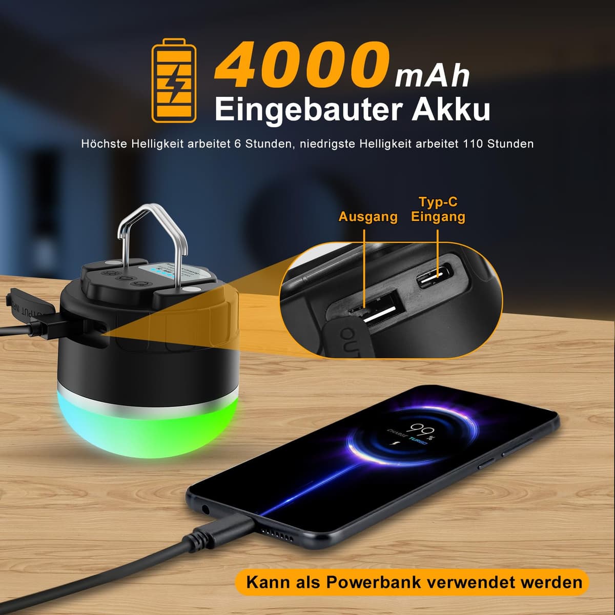 Lampă camping LED TSOCOS reîncărcabilă 4000mAh portabilă 4 moduri neagră indoor