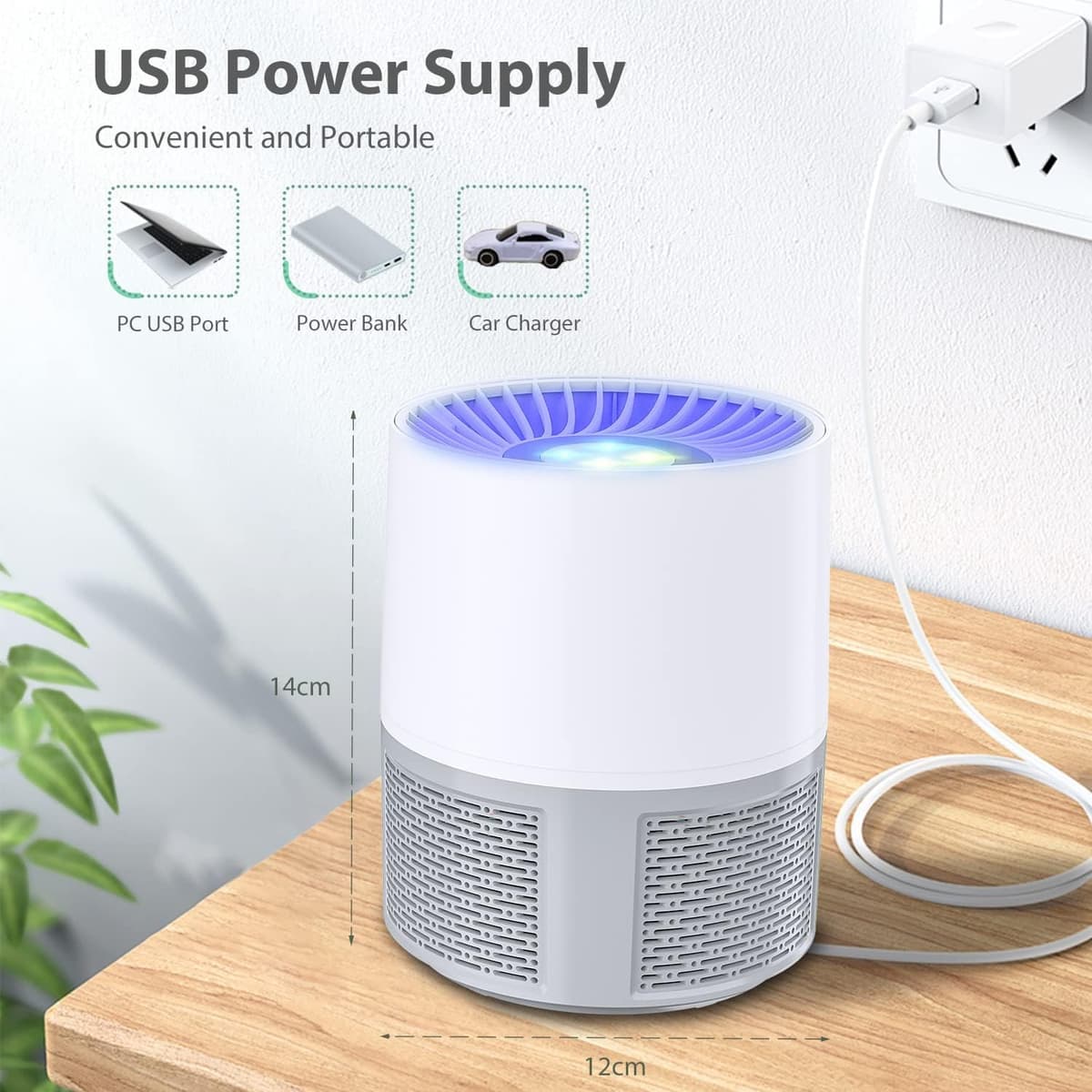 Lampă anti-țânțari Bubbacare electrică, protecție insecte interior/exterior, USB, capcană muște fără zgomot